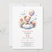 かわいいテディベアの風船の女の子の誕生日パーティーへの招待 招待状 (正面)