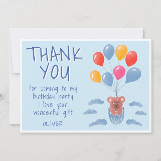 かわいいテディベアの風船 子供の誕生日 サンキューカード (正面)