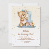 かわいいテディベアの1歳誕生日 招待状 (正面)