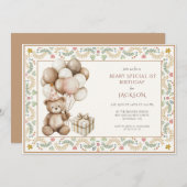 かわいいテディベアの1歳誕生日 招待状 (正面/裏面)