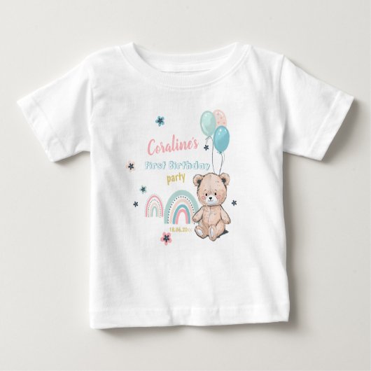 かわいいテディベアの1歳誕生日Tシャツ ベビーTシャツ (正面)