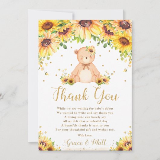 かわいいテディベアひまわりフローラ赤ちゃんシャワー サンキューカード (正面)