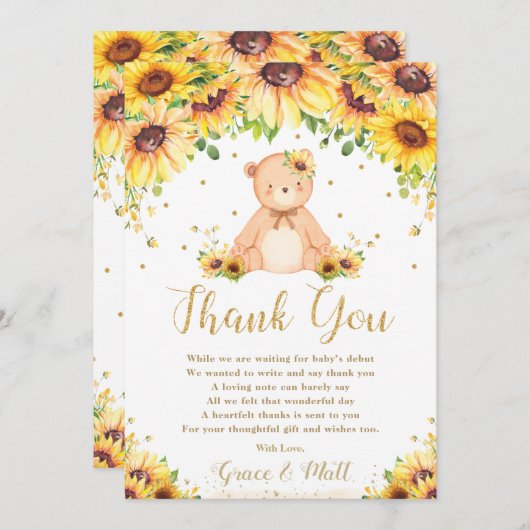 かわいいテディベアひまわりフローラ赤ちゃんシャワー サンキューカード (正面/裏面)