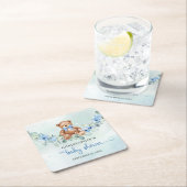 かわいいテディベアほこりっぽい青い花ユーカリ スクエアペーパーコースター (インサイチュ)