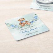 かわいいテディベアほこりっぽい青い花ユーカリ スクエアペーパーコースター (アングル)