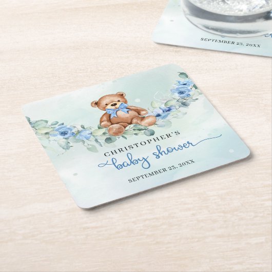 かわいいテディベアほこりっぽい青い花ユーカリ スクエアペーパーコースター (アングル)