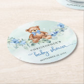 かわいいテディベアほこりっぽい青い花ユーカリ ラウンドペーパーコースター (アングル)