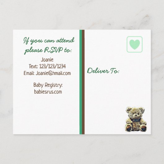 かわいいテディベアをテーマにした少年の赤ちゃんシャワー インビテーションポストカード (裏面)
