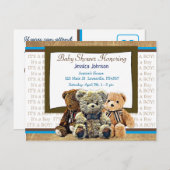 かわいいテディベアをテーマにした少年の赤ちゃんシャワー インビテーションポストカード (正面/裏面)