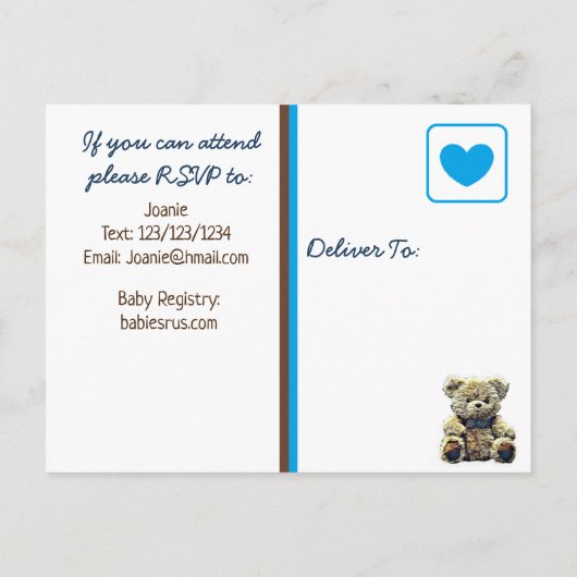 かわいいテディベアをテーマにした少年の赤ちゃんシャワー インビテーションポストカード (裏面)