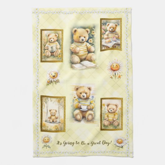 かわいいテディベアイエローデー素晴らしおもしろいハッピー キッチンタオル (縦)