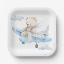 かわいいテディベアインブルー飛行機紙プレート