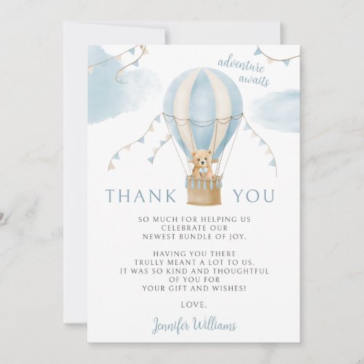 かわいいテディベアエアバルーン男の赤ちゃんシャワー サンキューカード (正面)