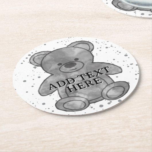 かわいいテディベアカスタム文字白黒 ラウンドペーパーコースター (アングル)