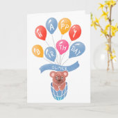 かわいいテディベアカラフルバルーン少年誕生日車 カード (黄色い花)