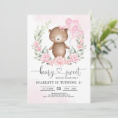 かわいいテディベアガール誕生日ハートバルーンパーティー 招待状 (スタンド正面)