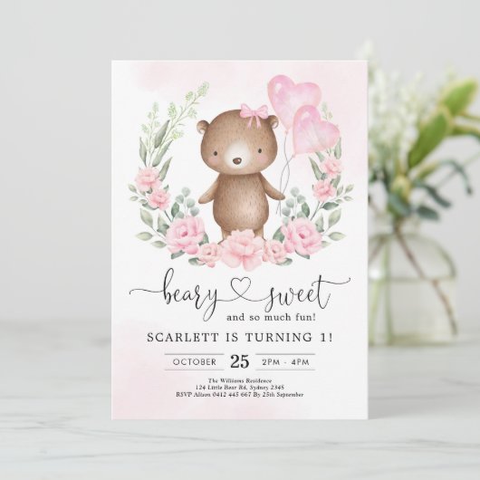 かわいいテディベアガール誕生日ハートバルーンパーティー 招待状 (スタンド正面)