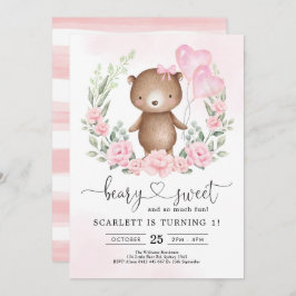 かわいいテディベアガール誕生日ハートバルーンパーティー 招待状