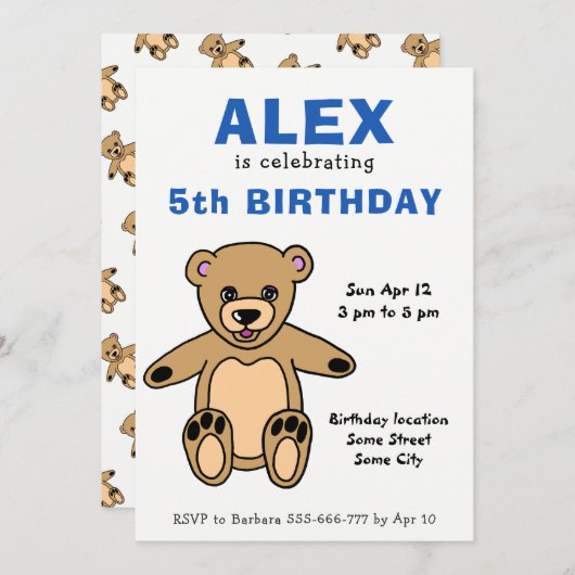 かわいいテディベアキッズボーイ誕生日 招待状 (正面/裏面)