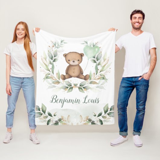 かわいいテディベアグリーン金ゴールドバルーン子供部屋ベビー フリースブランケット (インサイチュ)