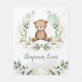 かわいいテディベアグリーン金ゴールドバルーン子供部屋ベビー フリースブランケット (正面)