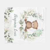 かわいいテディベアグリーン金ゴールドバルーン子供部屋ベビー フリースブランケット (正面(横))