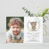 かわいいテディベアグリーン風船中性誕生日 招待状 (スタンド正面)