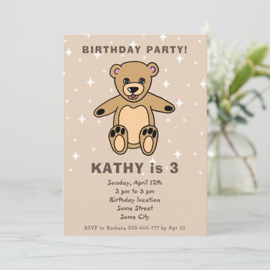 かわいいテディベアスケッチベージュボーイガール誕生日 招待状 (スタンド正面)