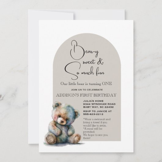 かわいいテディベアテーマ水彩最初の誕生日 招待状 (正面)