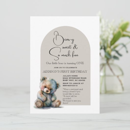 かわいいテディベアテーマ水彩最初の誕生日 招待状 (スタンド正面)