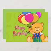 かわいいテディベアハッピーバースデーカード 招待状 (正面/裏面)