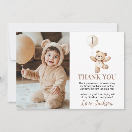 かわいいテディベアバルーンベーリー誕生日写真 サンキューカード (正面)
