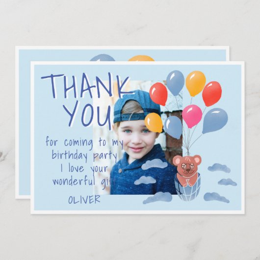 かわいいテディベアバルーン子供の誕生日写真 サンキューカード (正面/裏面)