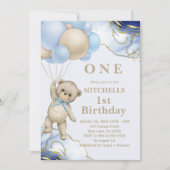 かわいいテディベアバルーン抽象芸術ブルー金ゴールド 招待状 (正面)