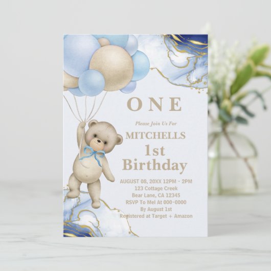 かわいいテディベアバルーン抽象芸術ブルー金ゴールド 招待状 (スタンド正面)
