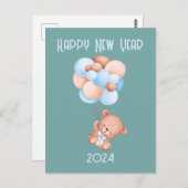 かわいいテディベアバルーン新年グレーグリーン ポストカード (正面/裏面)
