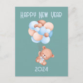 かわいいテディベアバルーン新年グレーグリーン ポストカード (正面)