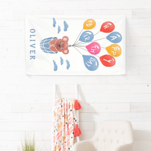 かわいいテディベアバルーン男の子の誕生日パーティー 横断幕 (インサイチュ)