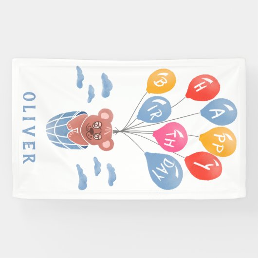 かわいいテディベアバルーン男の子の誕生日パーティー 横断幕 (横)