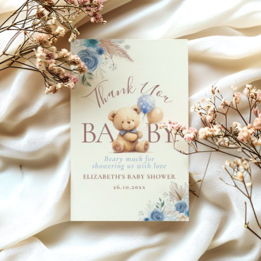 かわいいテディベアバルーンbohoブルーバラフローラ サンキューカード