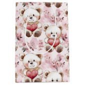 かわいいテディベアバレンタインデーのハートパターン ミディアムペーパーバッグ (正面)