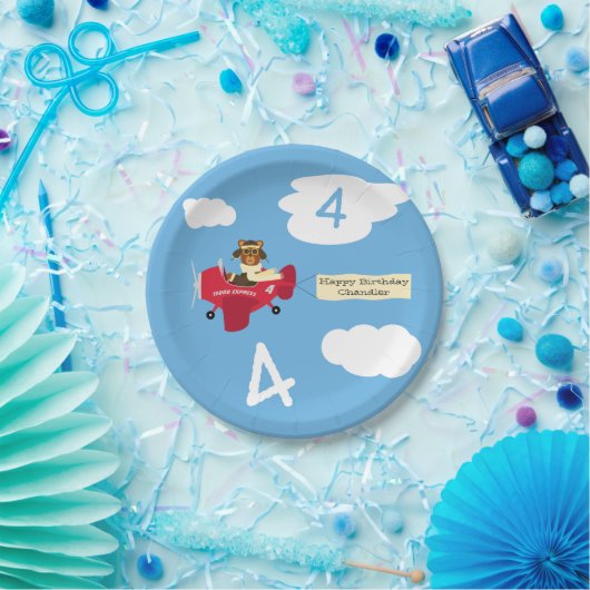 かわいいテディベアパイロット名前をカスタムするアンドエイジ誕生日 ペーパープレート (パーティー)