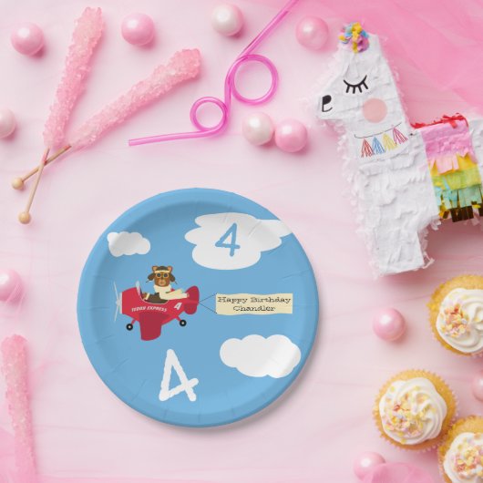 かわいいテディベアパイロット名前をカスタムするアンドエイジ誕生日 ペーパープレート (パーティー)