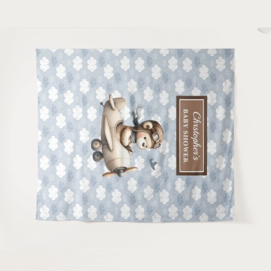 かわいいテディベアパイロット少年シャワーお祝いサイン タペストリー (正面(横))