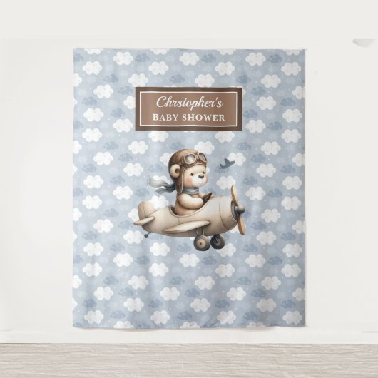 かわいいテディベアパイロット少年シャワーお祝いサイン タペストリー (正面)