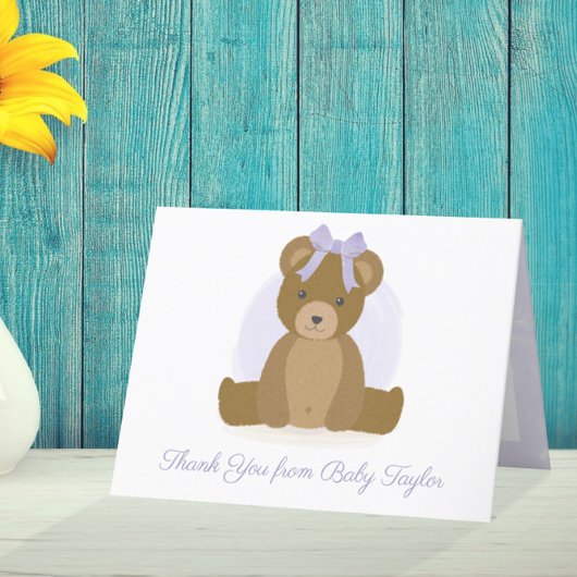 かわいいテディベアパープル新生児ガール サンキューカード