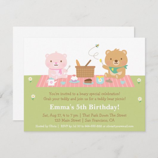 かわいいテディベアピクニックバースデーパーティ招待状 招待状 (正面/裏面)