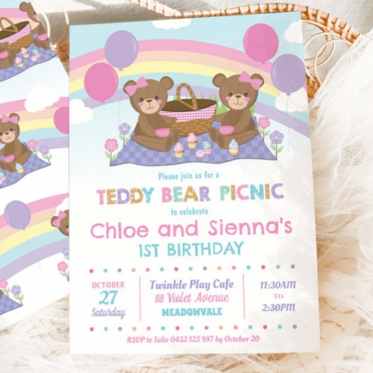 かわいいテディベアピクニック誕生日女の子ツインズ 招待状