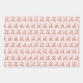かわいいテディベアピンクの格子模様 ラッピングペーパーシート