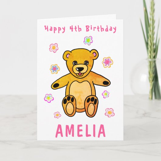 かわいいテディベアピンクの花ハッピーバースデー子供 カード (正面)